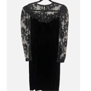 Vtg Scott McClintock black lace goth velvet dark fairy witchy midi dress size 6